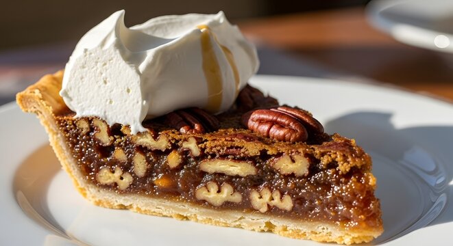 Delicious slice of pecan pie topped with whipped cream