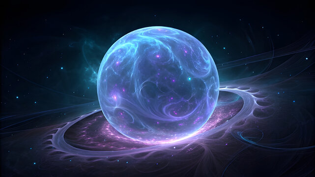 Mysterious glowing blue egg orb floating in cosmic nebula