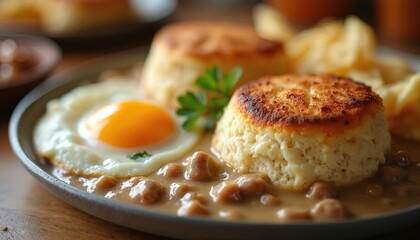 Buttermilk biscuits with sausage gravy, fried egg on plate. Hearty southern meal for morning breakfast brunch. Traditional American comfort food dish with creamy sauce, fresh scone, sunny side up