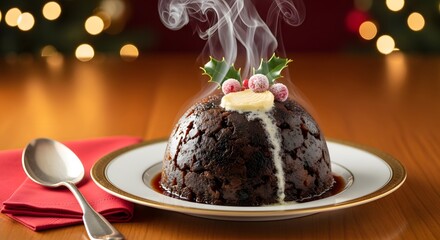 Steaming christmas pudding with holly and berries