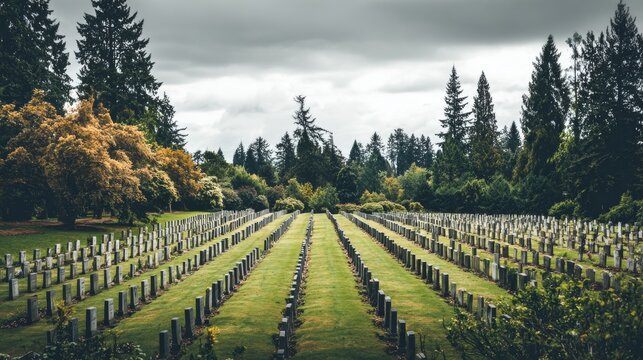 Peaceful cemetery with rows of grey headstones on green grass, representing national war dead and memorials, capturing solemnity, honor, and remembrance for World War II in Canada.