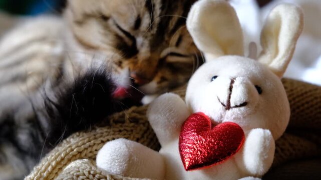 Valentines Day. Pretty cute kitten relaxing on the bed with cute bunny and red heart. Place for text.  Funny pets. Valentines Day, Birthday, Dating	 - Powered by Adobe
