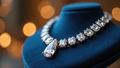 Fototapeta premium Brilliant diamond necklace with clear gems rests on dark blue velvet display stand. Expensive jewelry piece features large teardrop stone, many square cut diamonds. Shines with elegance, perfect