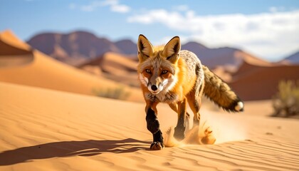A red fox runs across a vast desert landscape with sand dunes under a clear blue sky