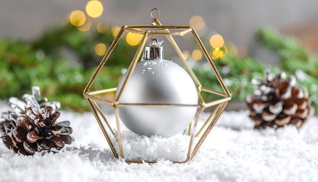 Silver ornament in geometric cage, with pinecones, greenery and lights, sits on faux snow backdrop
