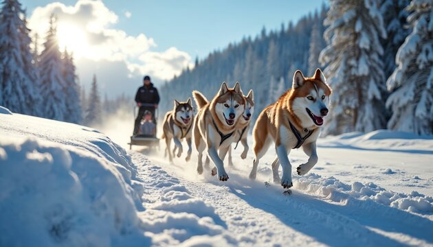 Husky dogs race pulling sled with musher and passenger. They run fast through snowy winter forest track. Bright sun shines on snow-covered trees and landscape. It is active outdoor adventure.