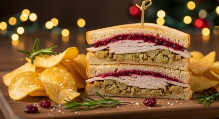 Festive holiday turkey sandwich with cranberry sauce and chips