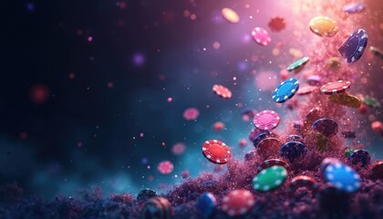 Multicolored poker chips fall on dark blue background. Colorful chips and cards scatter. Glittering light shines on poker chips. Casino and gambling concept with copy space.