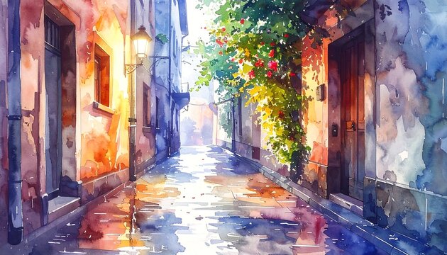 A sun-drenched watercolor alleyway with vibrant hues, brick buildings, and lush greenery under diffused sunlight