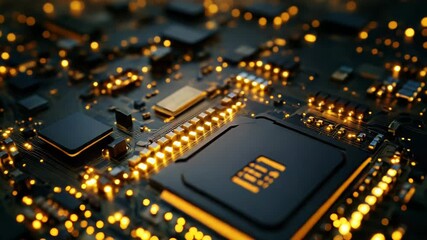 Electronic circuit board processing data with glowing connections - Powered by Adobe