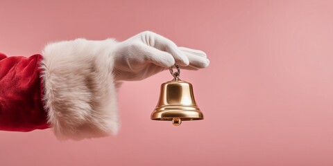 Isolated Santa's Gloved Hand Holding a Gold Bell on Pastel Pink