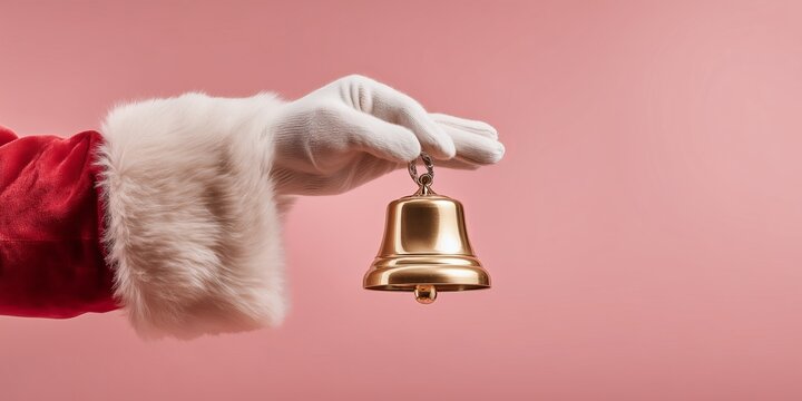 Isolated Santa's Gloved Hand Holding a Gold Bell on Pastel Pink