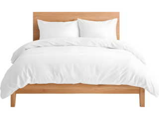 Modern bed with white sheets and pillows isolated on transparent background, ideal for bedroom and furniture visuals.