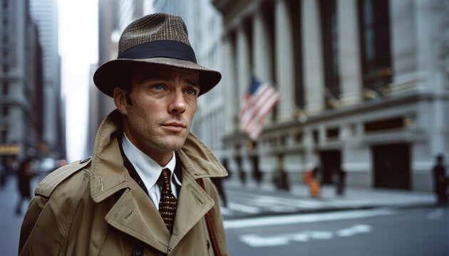 Secret agent in a trench coat tailing a target in a 1960s urban setting