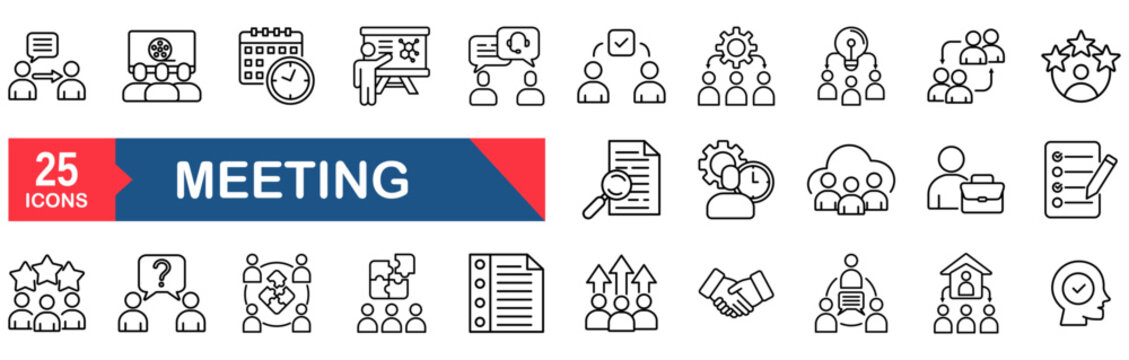 Meeting icon set. vector illustration concept for seminar, presentation, conference, business, interview, assembly, discussion, agreements
