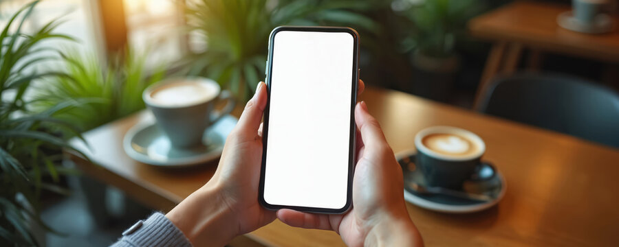 Woman holds modern smartphone with blank white screen. Uses tech mobile device in cozy coffee shop. Hands interact with phone. Two hot cappuccino cups on wooden table. Green plants, bright sunlight