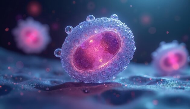 Microscopic view of glowing purple cell. Shows core structure inside textured membrane with small vesicles. Represents cellular energy production, biological research microorganism process. High - Powered by Adobe