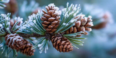 Frost-Dusted Pine Cones on Evergreen Branch