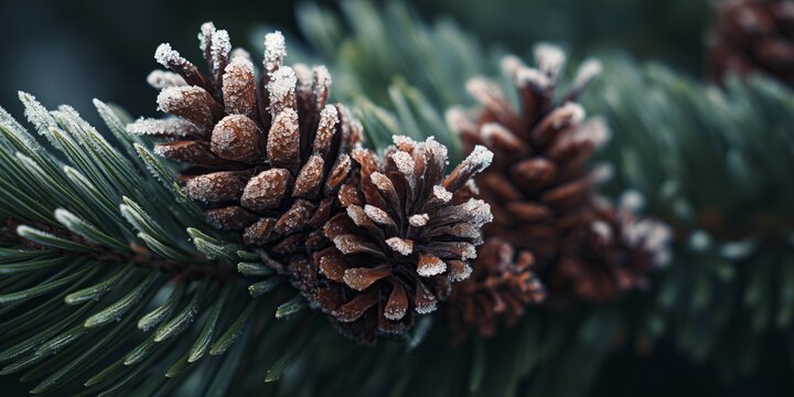 Frost-Dusted Pine Cones on Evergreen Branch - Powered by Adobe