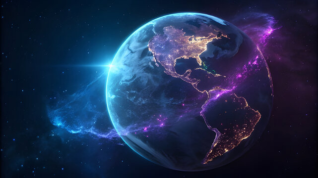 Glowing earth in cosmic nebula with bright star