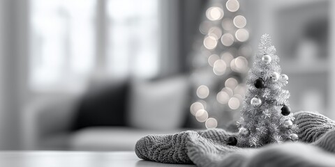 A tastefully decorated room, showcasing minimalist Christmas decor in a sophisticated black and white palette.