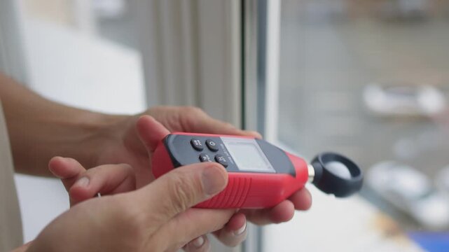 Individual checks natural light intensity near residential window for comfort, Person employs light meter to determine sunlight levels inside apartment for workspace suitability