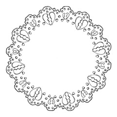 Round doily with delicate edge, lace hearts border, vintage style decoration. Single object isolated illustration hand drawn in vector ink. Scrapbooking paper crafts, decoupage, handmade wedding card