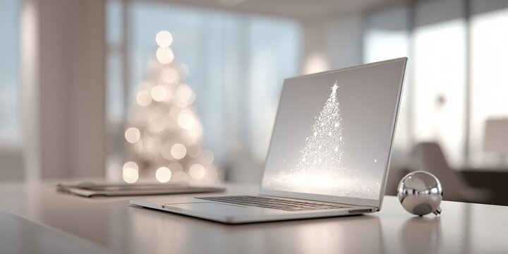 A clean, minimalist office desk features a modern laptop with a subtle, glowing Christmas tree graphic on its screen, accompanied by a small, elegant silver ornament resting beside it - Powered by Adobe