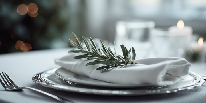 A close-up of a meticulously arranged minimalist place setting features a crisp white linen napkin, a simple silver charger plate, and a single sprig of festive pine or eucalyptus.