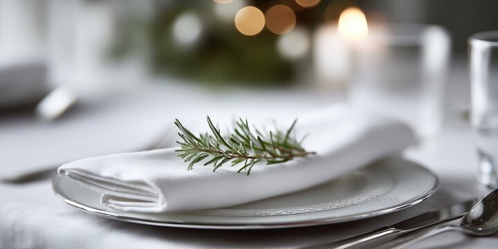 A close-up of a meticulously arranged minimalist place setting features a crisp white linen napkin, a simple silver charger plate, and a single sprig of festive pine or eucalyptus. - Powered by Adobe
