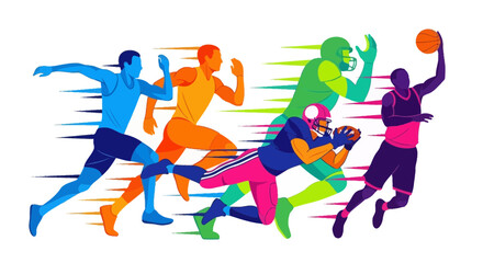 Dynamic athletes race forward showcasing diverse sports action with vibrant energy and speed