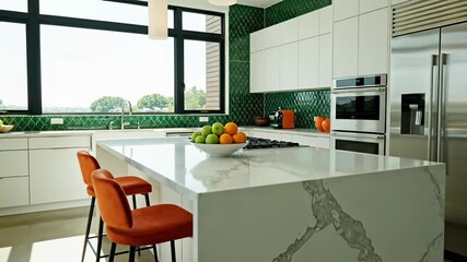 Modern kitchen with large island countertop featuring stylish display of fresh fruit on its surface, conveying the concept of a contemporary kitchen where family and friends come together to.