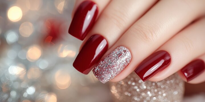 A woman's hands showcase perfectly manicured nails, painted in a rich, glossy festive red, with a delicate silver glitter accent on one nail.