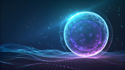Glowing futuristic portal with digital particles on a wavy landscape