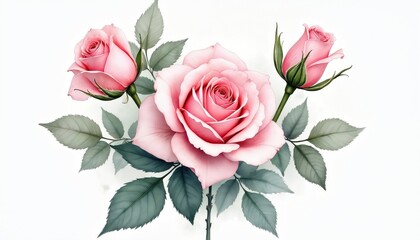 Three pink roses with green leaves painted in watercolor style. Delicate floral artwork on white background, suitable for cards, invites, and decor. Soft petals bloom beautifully.
