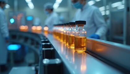 Scientists work in cleanroom lab on pharma production line. Sterile ampoules with yellow liquid move on conveyor for drug manufacturing and healthcare. Automated factory process.