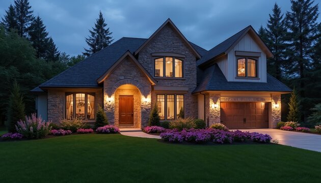 Large stone house exterior at dusk. Warm lights glow from windows, illuminating lush garden beds. Inviting driveway leads to double garage door. - Powered by Adobe