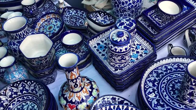 Blue Pottery on crockery a traditional art of pottery in Multan, Pakistani handicrafts work at nasarpur town Sindh, Paksiatn	