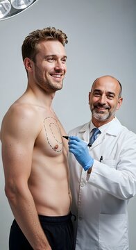 A confident male gynecomastia patient stands shirtless while a friendly doctor draws pre-surgery guide lines on his chest. This photorealistic image conveys optimistic preparation for cosmetic surgery