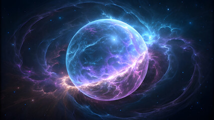 Abstract glowing blue and purple energy orb in cosmic nebula