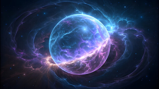 Abstract glowing blue and purple energy orb in cosmic nebula
