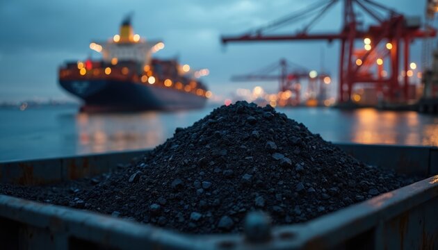 Heap of coal sits in foreground barge. Cargo ship and cranes visible at port docks at dusk. Heavy industrial logistics, bulk material export transportation scene.