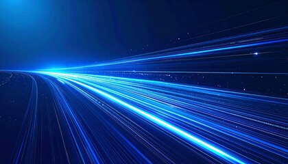 Abstract blue light trails converge to a bright horizon, creating a sense of speed and digital connection