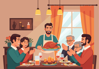 A happy, multi-generational family is gathered around the dinner table, smiling warmly as the mother presents a perfectly roasted turkey in thanksgiving day
