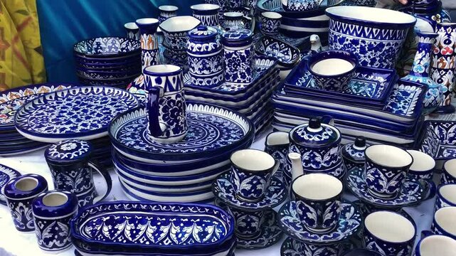 Blue Pottery on crockery a traditional art of pottery in Multan, Pakistani handicrafts work at nasarpur town Sindh, Paksiatn	