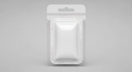White blister pack with hanging tab on gray background packaging product