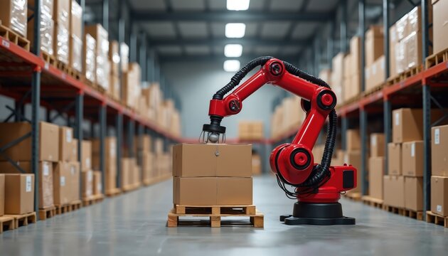 Red robotic arm stacks boxes on pallet in modern warehouse with tall shelves filled with goods. Automation improves logistics and efficiency in storage facility.