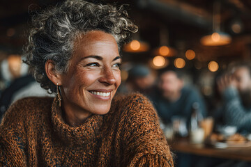 Middle Aged Woman Meeting Friends Around Table In Coffee Shop