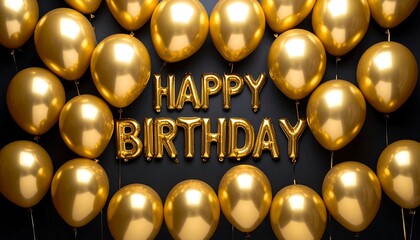 Gold 'Happy Birthday' balloon letters amidst shiny golden inflated balloons, on a black backdrop, conveying celebration