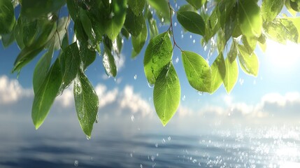 Fresh Green Leaves With Water Droplets And Sunlight
